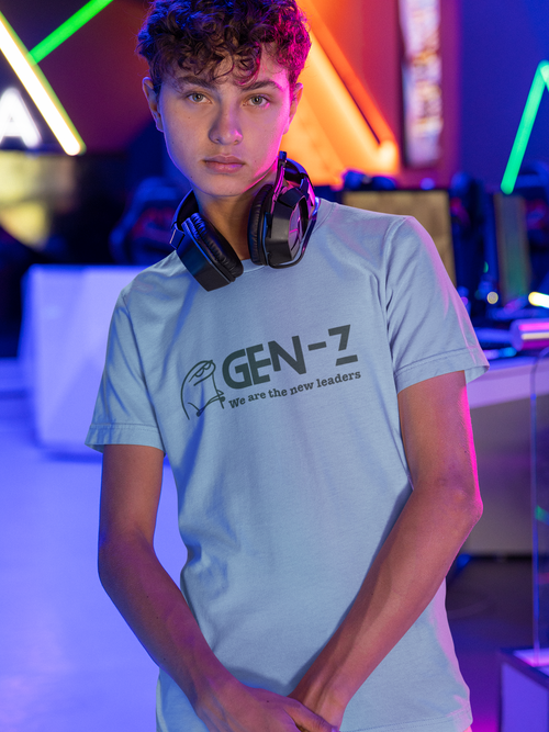 Person wearing a light blue t-shirt with 'GEN-Z' text in a futuristic setting.